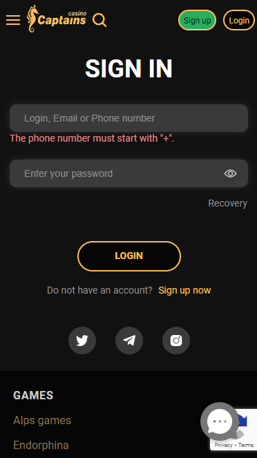 Authorization form on Captainsbet website