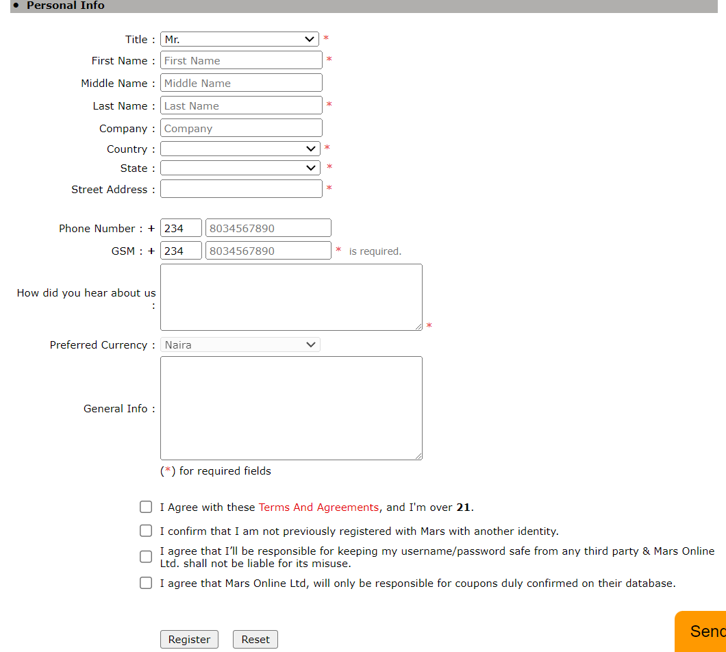 The second step of registration on Marsleisure