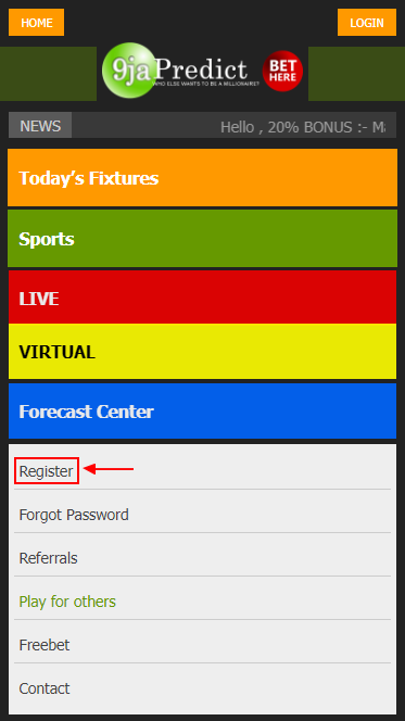 Registration button on the 9jaPredict website