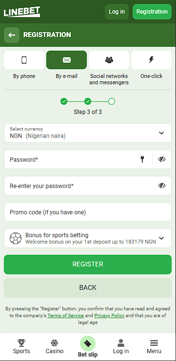 Linebet registration form