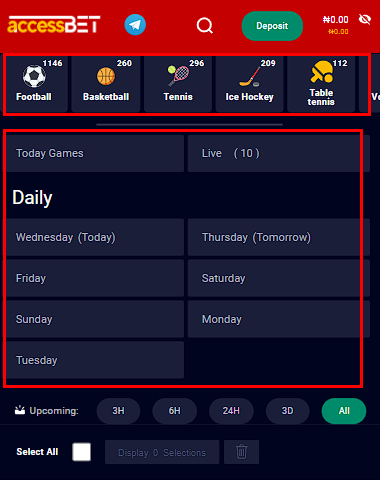 Range of events on Accessbet