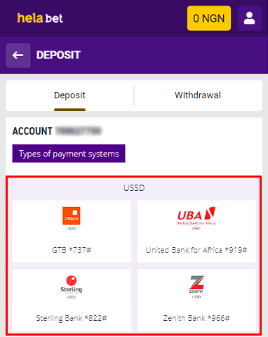 Deposit via USSD in Helabet