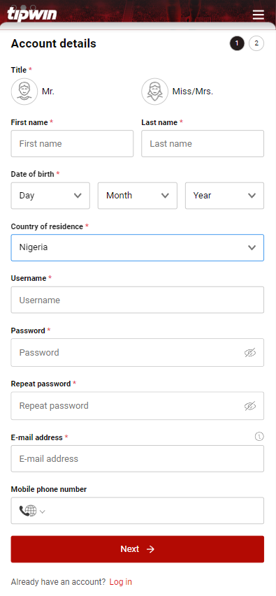 TipWin registration form