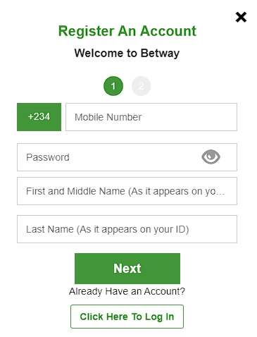 The first stage of registration on the Betway website