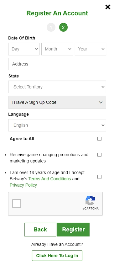 The second stage of registration on the Betway website