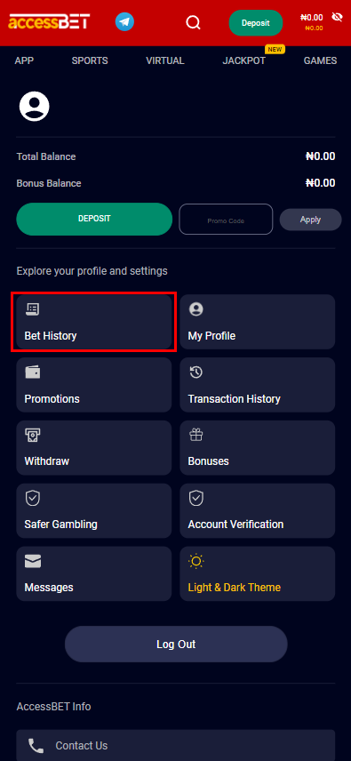 Section with the history of your bets on AccessBet