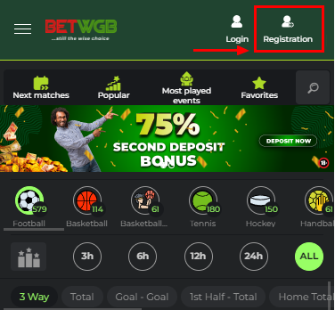 Registration button in the mobile version of Winners Golden Bet