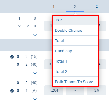 Betting options in the 1xBet table