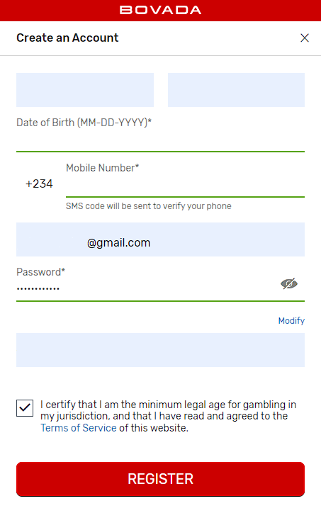 Bovada registration form