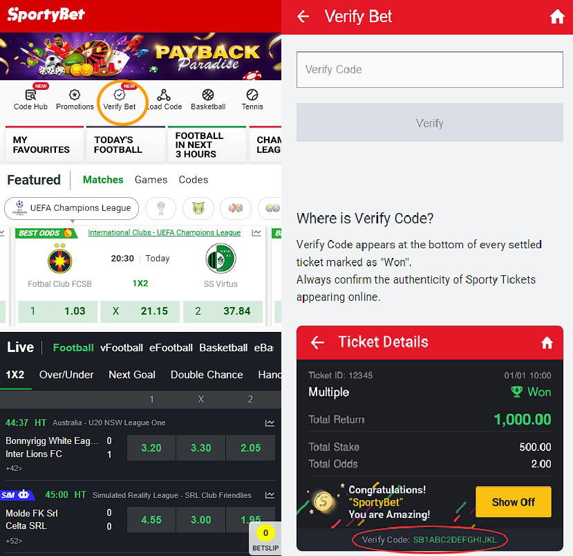 SportyBet Verify code checking