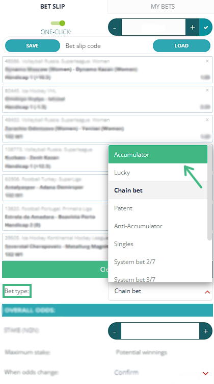 22bet type choice menu: accumulator