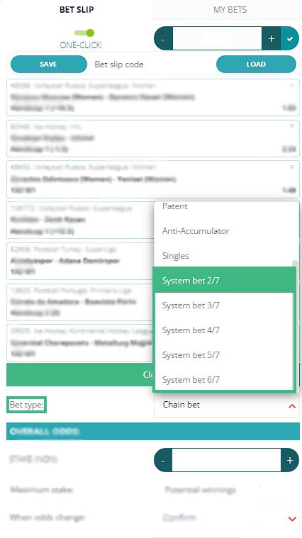 22bet type choice menu: system bets