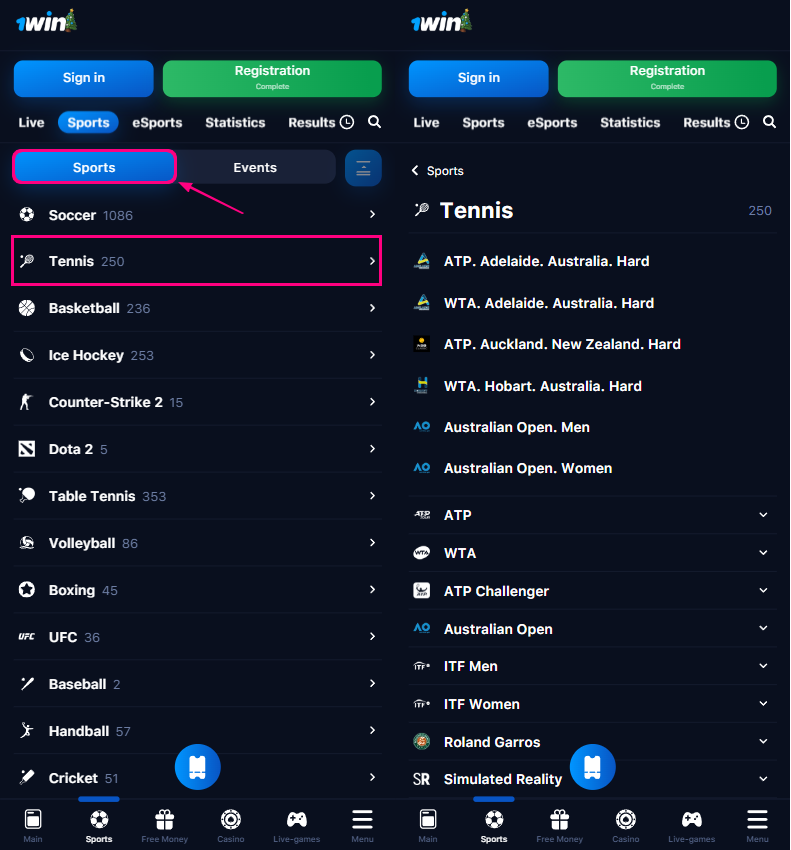 1win Tennis betting