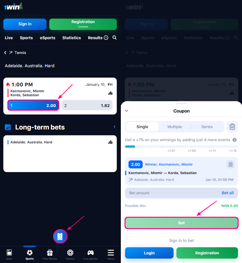 1win Tennis betting