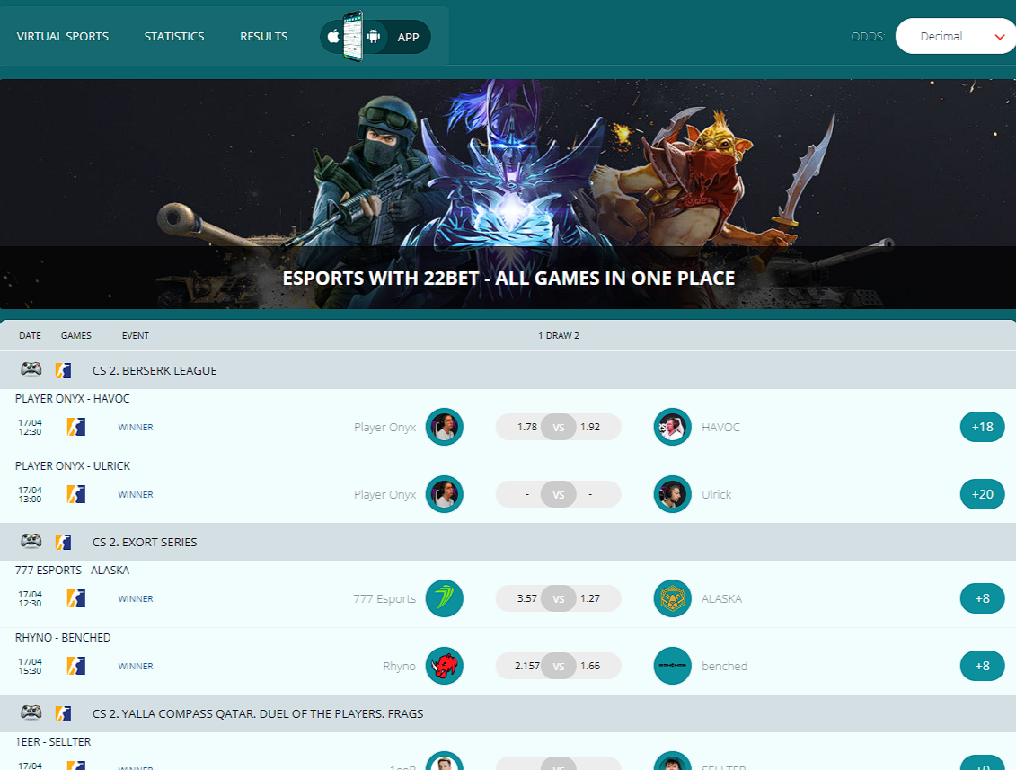 22bet esports and virtuals