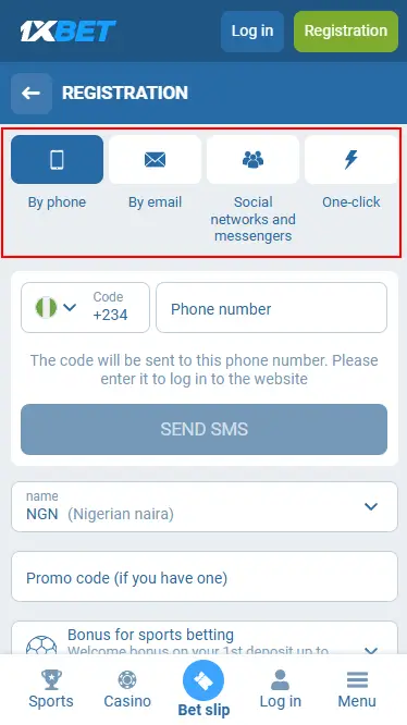 1xBet - Registration Page