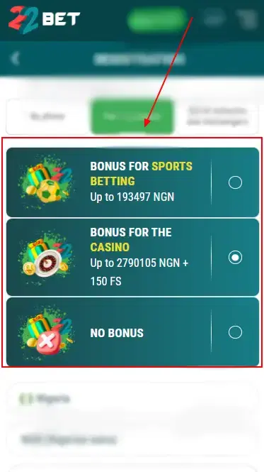 22Bet â Bonus Buttons From Registration Form
