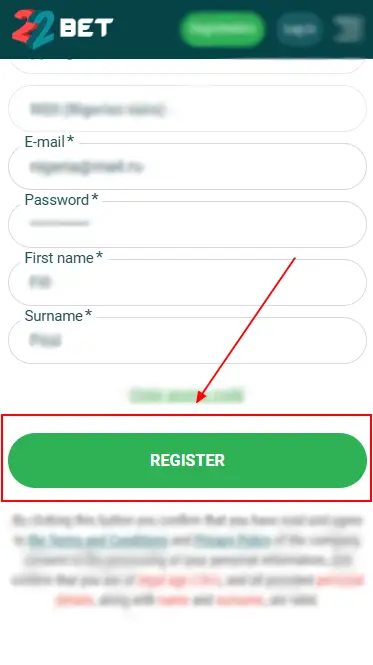 22Bet â Register Button (Account Verification)